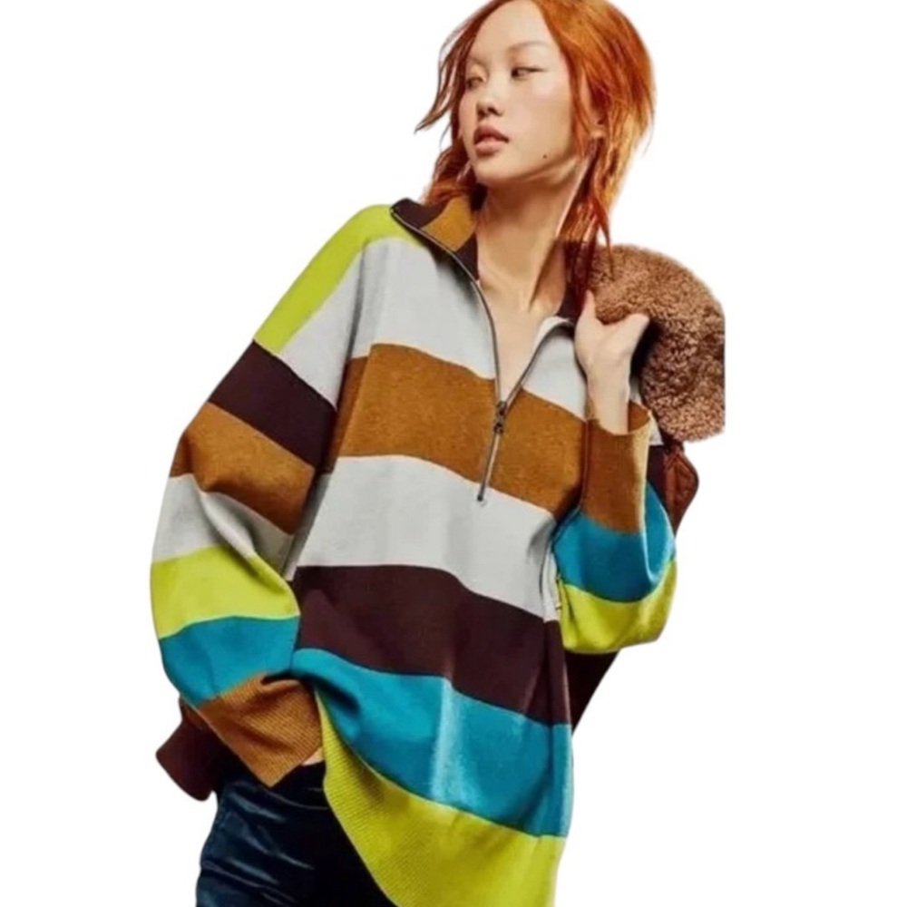 Free People Coastal Stripe Pullover Olive Lime Combo NWT Small